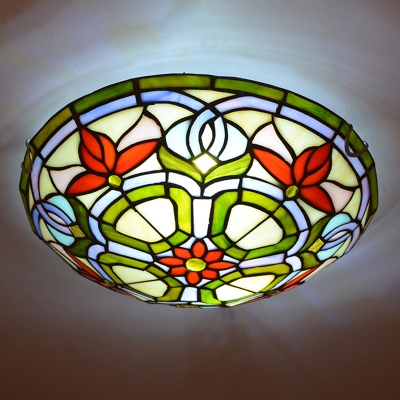 Child Bedroom Flower Leaf Ceiling Light Stained Glass Rustic Tiffany Flush Mount Light in Red