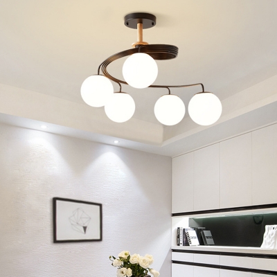 Curly Semi Flush Mount Chandelier Nordic Metallic Bedroom Ceiling Light with Ball White Glass Shade