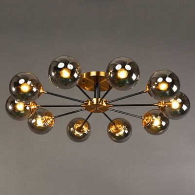 Glass Orb Semi Flush Light with Radial Design Mid Century Ceiling Light Fixture in Gold