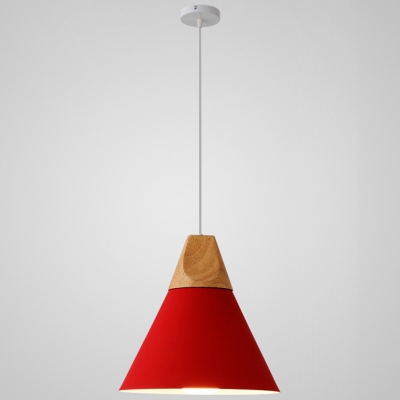 Metal Cone Shade Hanging Light Fixture Wooden Finish Macaron Single Pendant Lamp in Multi Colors for Bedroom