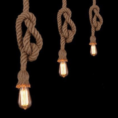 Naked Bulb Design Pendant 100 Inchs Height Farmhouse Beige Stranded Hemp Rope Pendulum Light