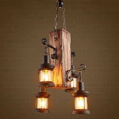 Retro Loft Style Lantern Chandelier Wooden 4 Lights 19.5 Inchs Wide Suspension Light in Beige for Coffee Shop