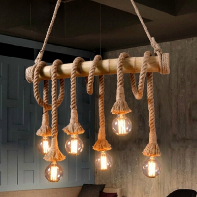 Beige Exposed Bulb Design Hanging Lamp Lodge Hemp Rope Dinette Island Light with Bamboo Pole