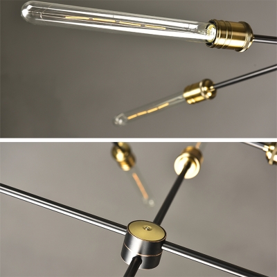 Black Iron Crossed Line Pendant Light Farmhouse Restaurant Chandelier with Open Bulb Design