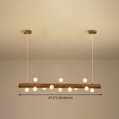 Brown Linear Hanging Light Fixture Nordic Wood Island Pendant with Ball Ivory Glass Shade