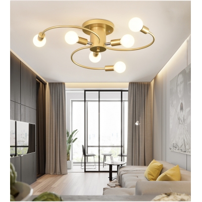 Curved Arms Living Room Semi Flush Ceiling Light 29.5 Inchs Wide Metal with White Glass Shade 6 Lights Modern Flush Mount Light