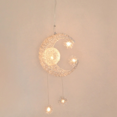Moon Shape Suspension Light Metal 5 Bulbs Pendant Lamp for Girl's Bedroom in Chrome