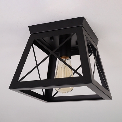 Trapezoid Shaped Foyer Flushmount Retro Iron 1 Light Black Semi Flush Mount Ceiling Light