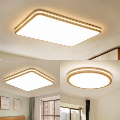 Wooden LED Flush Mount Light Asian Style Wood Acrylic 2.5 Inchs Height Ceiling Lamp for Bedroom