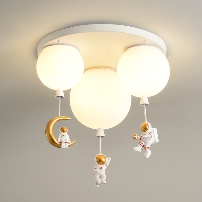 Astronaut Cartoon Ceiling Fixture White Balloon Flush Mount Light with Cream Glass Shade for Nursery