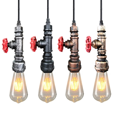 Bare Bulb Design Iron Pendant Light 1 Bulb Dining Room Hanging Pendant with Red Valve and Pipe Socket