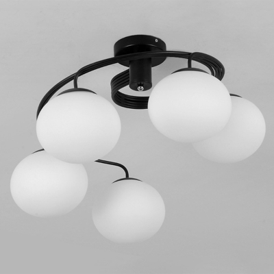 Curly Semi Flush Mount Chandelier Nordic Metallic Black Bedroom Ceiling Light with Ball White Glass Shade