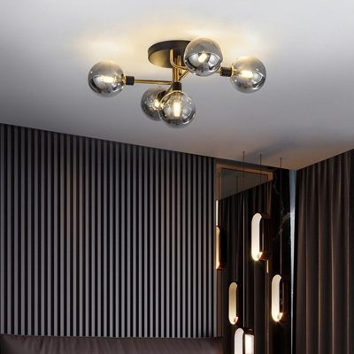 Iron Sputnik Linear Semi Flush Lighting Modernist Black and Brass Close to Ceiling Lamp