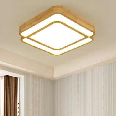 Minimalist Square Ceiling Fixture 2.5 Inchs Height Acrylic Bedroom LED Flush-Mount Light in Wood