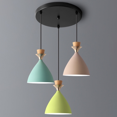 Nordic Funnel Multi Pendant Metal 3 Bulbs Dining Room Hanging Light in Green and Yellow and Pink