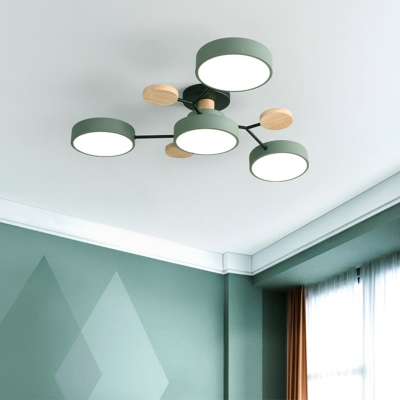 Nordic Sputnik LED Ceiling Lamp Acrylic Bedroom Semi Flush Mount Light Fixture with Wood Decor