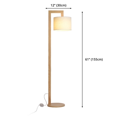 Right Angle Arm Wood Floor Lighting Modernism Single Head Beige Standing Floor Lamp with Drum White Fabric Shade