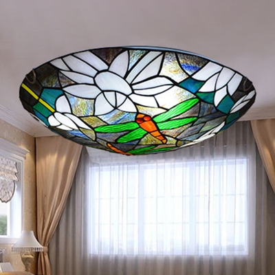 Turquoise Dragonfly and Flower Ceiling Light Stained Glass Flush Light for Living Room