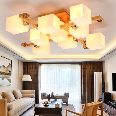 Wood Checkerboard LED Semi Ceiling Mount Light Villa 8.5 Inchs Height Asian Style Ceiling Fixture