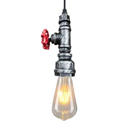 Bare Bulb Design Iron Pendant Light 1 Bulb Dining Room Hanging Pendant with Red Valve and Pipe Socket