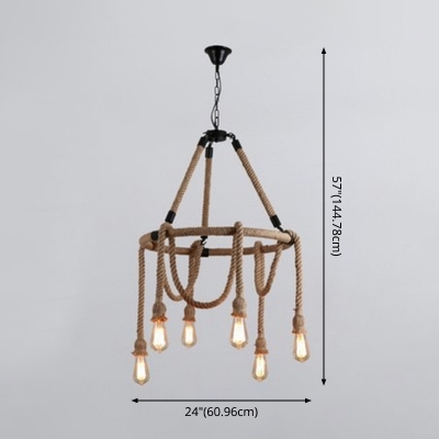 Exposed Bulb Hanging Chandelier Lamp 6 Lights Beige Rope Chandelier Pendant Light for Bedroom