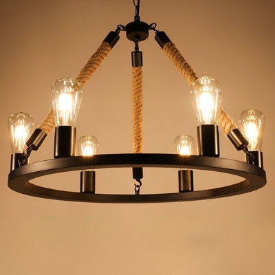 Matte Black Wrought Iron Chandelier Wheel Industrial Hanging Lamp with Rope Cord