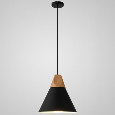 Metal Cone Shade Hanging Light Fixture Wooden Finish Macaron Single Pendant Lamp in Multi Colors for Bedroom