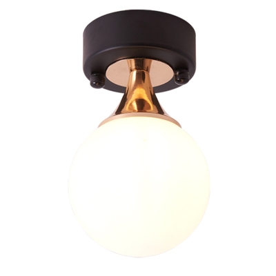 Minimalist Ball Milk Glass Ceiling Lamp 5 Inchs Wide Single-Bulb Semi Flush Mount Light with Round Canopy in Black