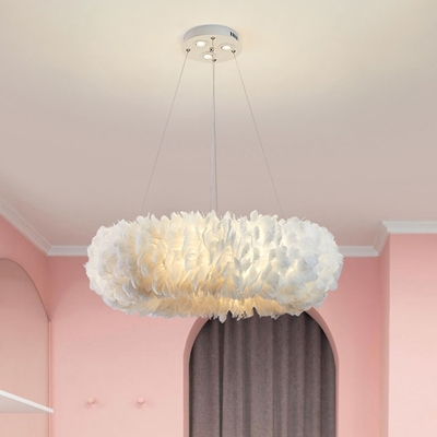 Stylish Minimalist Donut Shaped Pendant Feather Bedroom Chandelier Lighting in White