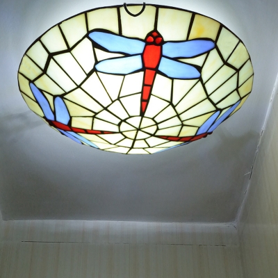Tiffany Dragonfly Ceiling Light Fixture 2 Bulbs 12 Inch Wide Stained Glass Flush Mount Lighting in Sky Blue