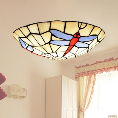 Tiffany Dragonfly Ceiling Light Fixture 2 Bulbs 12 Inch Wide Stained Glass Flush Mount Lighting in Sky Blue