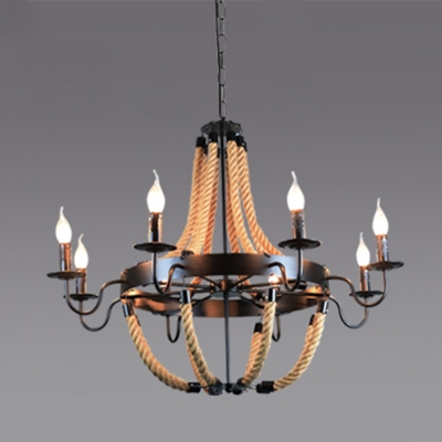 Manila Rope Brown Pendant Lamp Basket-Shape Rustic Ceiling Chandelier in Black for Living Room
