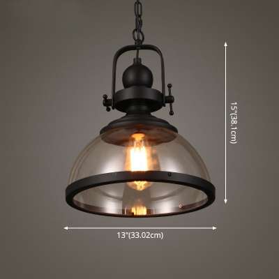 1 Light Glass Dome Pendant Light in Black Finish for Kitchen Island Dining Table Restaurant with Platen Glass Diffuser