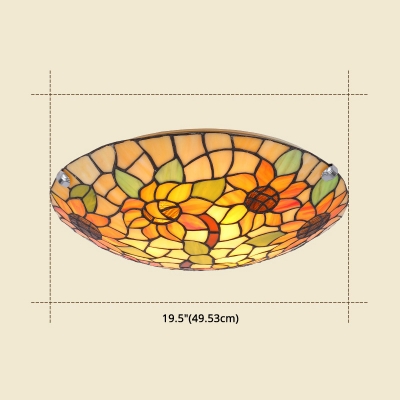 5 Inchs Height Sunflower Flush Ceiling Light Rustic Stylish Stained Glass Ceiling Lamp in White and Green and Yellow for Restaurant