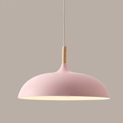 Bowl Shade Ceiling Pendant Macaron Metal 1 Head 14 Inchs Wide Suspension Light with Wood Tip for Dining Room