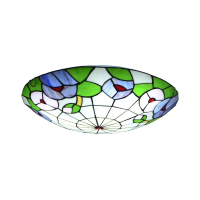 Child Bedroom Flower Leaf Ceiling Light Stained Glass Rustic Tiffany Flush Mount Light in Green