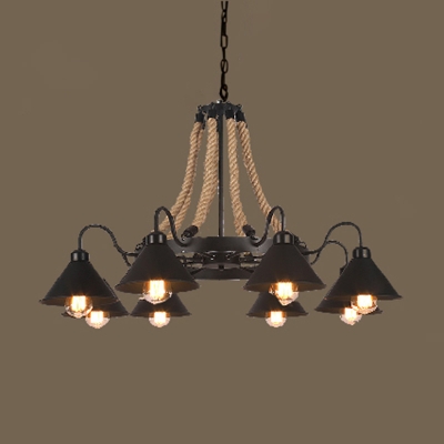 Industrial Chandelier with Gooseneck Fixture Arm and Cone Metal Shade in Black with Adjustable Height