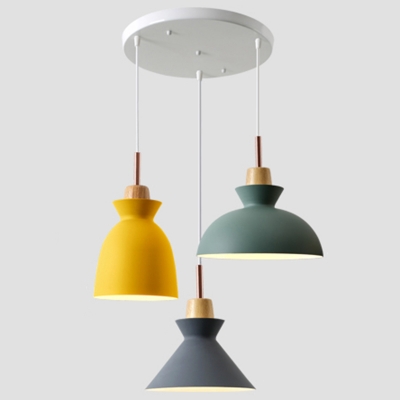 Living Room Ceiling Pendant with Shade Metal 3 Lights Modern Hanging Light in Yellow and Green and Grey