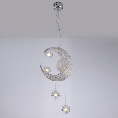 Moon Shape Suspension Light Metal 5 Bulbs Pendant Lamp for Girl's Bedroom in Chrome