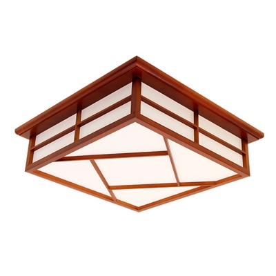 Wood Hollow Square Ceiling Mount Light Living Room Asian Style LED Ceiling Lamp in Red Brown