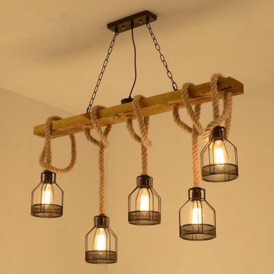 Wooden Island Pendant Linear Rustic Ceiling Hang Light with Cage and Hemp Rope in Black