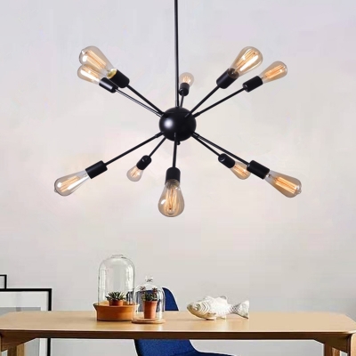 Wrought Iron Large Sputnik LED Chandelier in Black Industrial Style 10 Light Hanging Light for Cafe Bar Counter