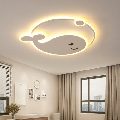 Cartoon Whale Acrylic LED Ceiling Fixture Kids Bedroom White Metal Ring 1-Light Flushmount Light