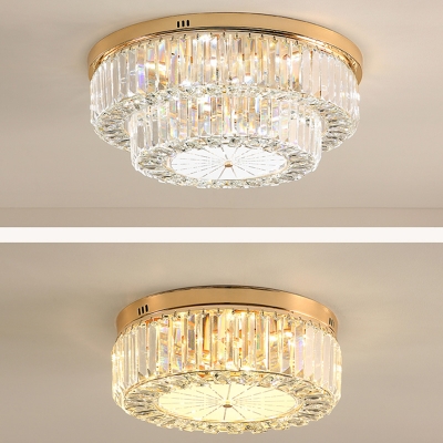 Clear Crystal Drum Flush Mount Light Dining Room Contemporary LED Ceiling Lamp in Gold in 3 Colors Light