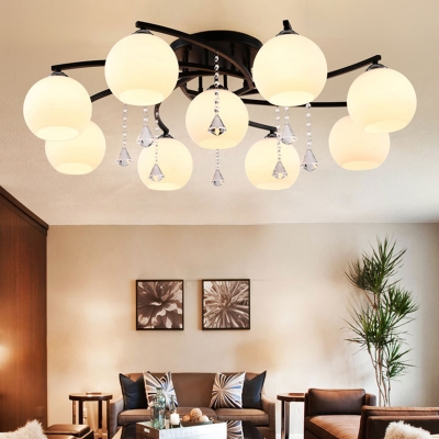Curved Arms Living Room Semi Flush Ceiling Light Metal with White Glass Shade Modern Flush Mount Light with Crystal Pendant