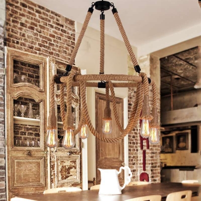 Exposed Bulb Hanging Chandelier Lamp 6 Lights Beige Rope Chandelier Pendant Light for Bedroom