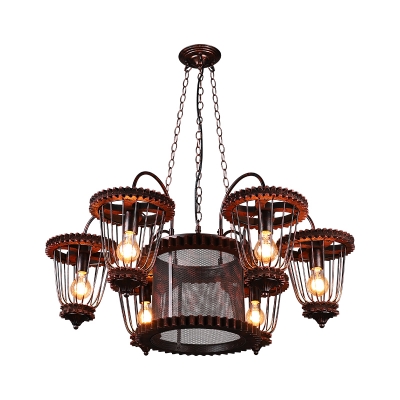 Gear Bistro Ceiling Chandelier Industrial Metal Weathered Rust Hanging Light Fixture with Cage Shade