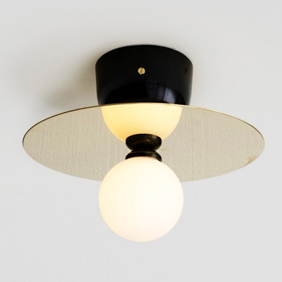 Minimalist Ball Milk Glass Ceiling Lamp 9.5 Inchs Wide Single-Bulb Semi Flush Mount Light with Round Canopy in Gold
