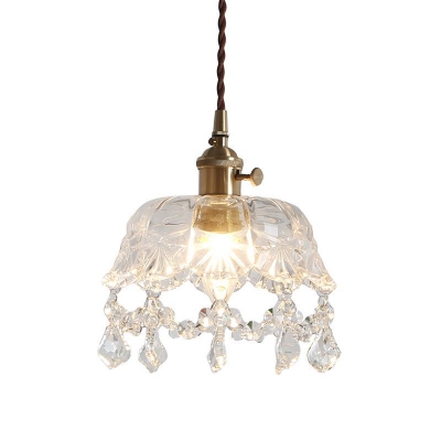 Textured Glass Shade Single Light Pendant Lamp in Polished Gold with Teardrop Shaped Crystal