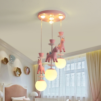 Cartoon Unicorn Cluster Mulit-Light Pendant Resin Kids Bedroom Hanging Lamp with Exposed Bulb Design